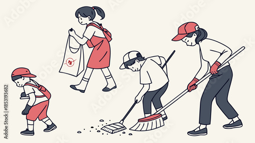 Illustration of a family or community group participating in a cleanup activity, with children and an adult sweeping and collecting trash.