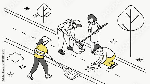 A group of volunteers cleaning up litter from the side of a road, promoting environmental responsibility and community service.