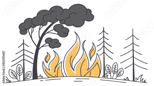 A detailed illustration of a forest fire with large flames and dark smoke engulfing trees in a natural landscape, depicting environmental destruction.