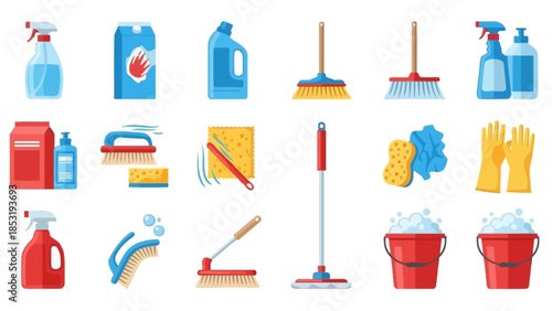 Assorted cleaning supplies and equipment arranged neatly on a white background for household chores