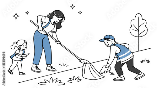 A family or community group cleaning up an outdoor area, with a woman raking leaves and a boy collecting them, promoting environmental care.