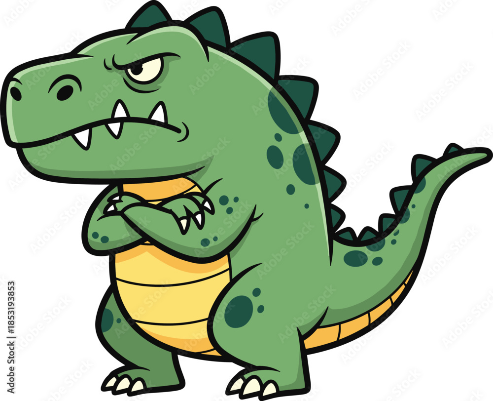 Fototapeta premium Cartoon green dinosaur with crossed arms, annoyed expression, yellow belly, spikes, humorous character design - flat vector illustration