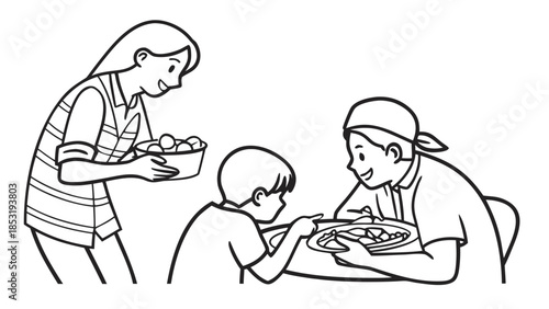 A happy family of three, including a woman, man, and child, sharing a meal together at a table.