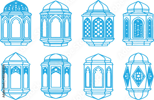 Eight blue lanterns with intricate geometric patterns and domed tops in a row intricate Islamic light fixtures