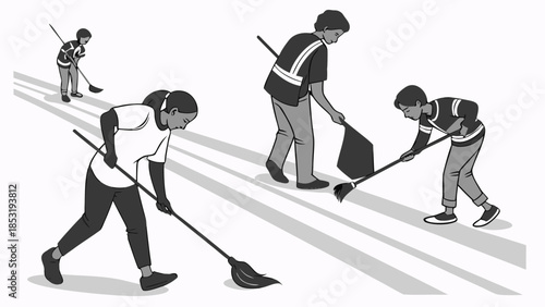 Minimalist vector art: A group of diverse children and a teacher cheerfully cleaning a street. They are holding brooms, dustpans, and trash bags. The style features bold outlines, flat colors, and geo
