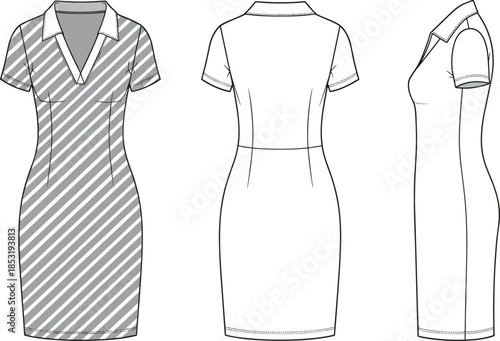 Technical fashion sketch of fitted short sleeve dress, V-neck, collar, darts, front back side view - flat vector illustration