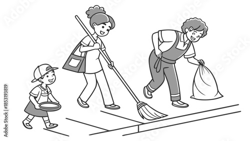 Minimalist vector art: A group of diverse children and a teacher cheerfully cleaning a street. They are holding brooms, dustpans, and trash bags. The style features bold outlines, flat colors, and geo