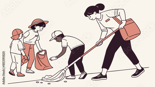 Abstract minimalist vector illustration: Children and a teacher collaboratively cleaning a road. Emphasize simplified forms, iconic representations of tools like brooms and trash bags, and a balanced 