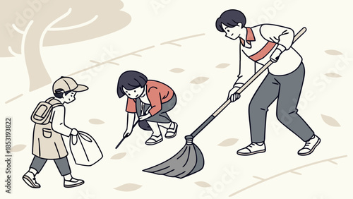 Abstract minimalist vector illustration: Children and a teacher collaboratively cleaning a road. Emphasize simplified forms, iconic representations of tools like brooms and trash bags, and a balanced 