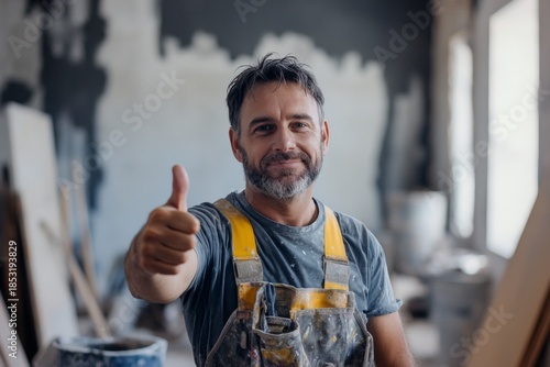 A happy painter giving a thumbs up sign