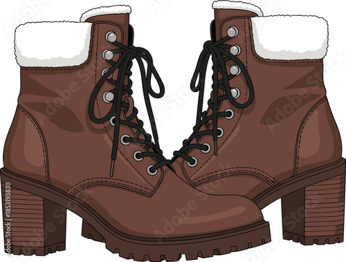 Brown lace-up winter boots with fur lining, rugged sole, thick heel, cold weather footwear design - flat vector illustration