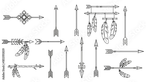 A collection of various arrow illustrations showcasing different designs and fletching styles in a minimalist grayscale aesthetic.