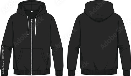 Black zip-up hoodie front and back view, fashion template, drawstring hood, ribbed cuffs, garment design - flat vector illustration