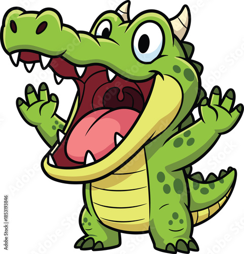 Cartoon green alligator with open mouth, expressive eyes, yellow belly, playful pose, kids theme - flat vector illustration