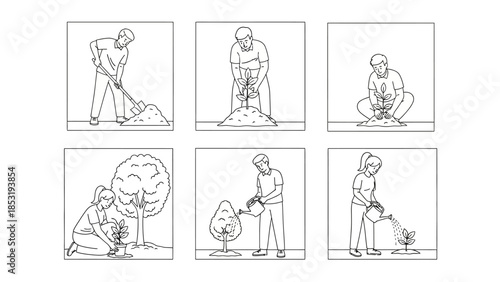 Woman planting trees in a serene garden environment from various viewpoints