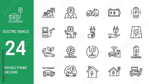 Collection of electric vehicle icons in a grid layout on a white background with a green sidebar
