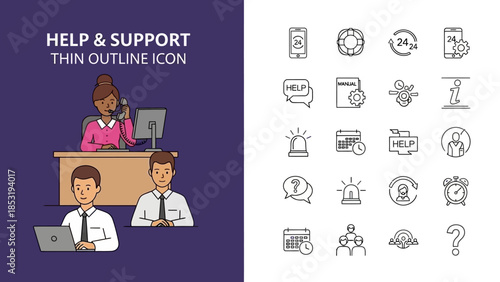 Assistance and Guidance Scene with Support Icons and Workspace Environment