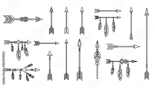 Collection of various arrows and arrow sets in different designs and styles on a white background