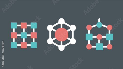 Molecular structures in minimalist design with bold colors and clean lines on dark gray background for scientific illustration