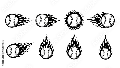 Fiery baseballs in motion, set against a clean white background, showcasing dynamic illustrations of sports equipment engulfed in flames, viewed from a straightforward perspective.