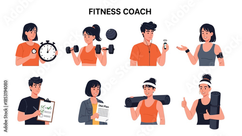 Fitness Coach Guiding Clients Through Exercise Routines in a Modern Gym Setting from a Front View Perspective