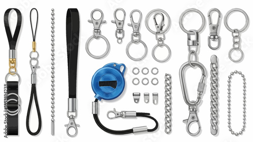 Assorted metal and leather accessories including carabiners, straps, and chains displayed against a white background