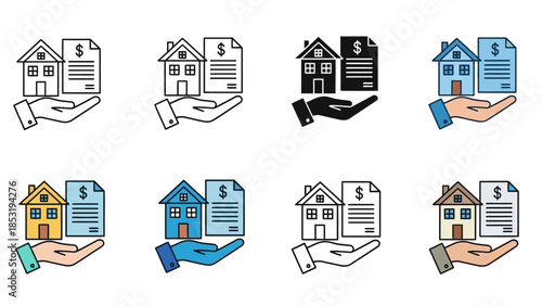 Various hands holding documents and houses in different colors and line styles on a white background