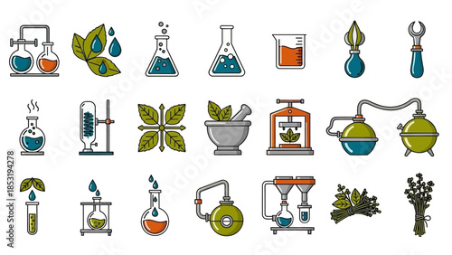 Scientific Laboratory Equipment and Botanical Elements Illustration