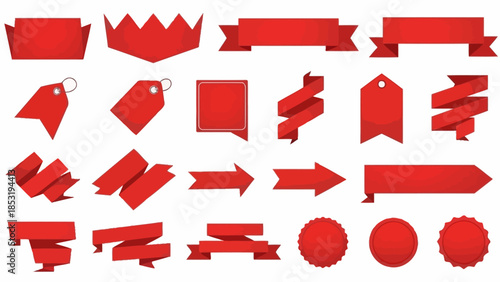 Collection of red graphic elements on a white background, featuring various shapes and symbols, viewed from a straightforward perspective