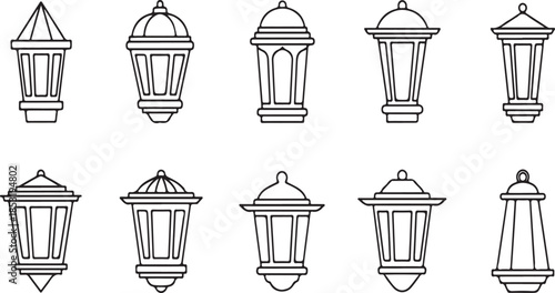 Ten different black and white line lantern in a row line black and white vintage