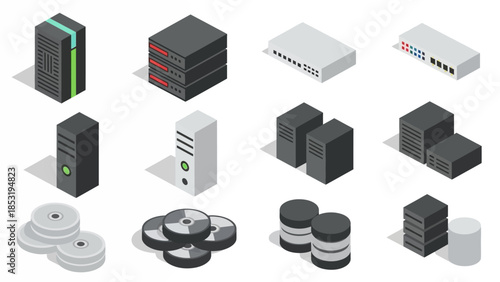 Isometric collection of data center equipment, network servers, hardware components, and cloud computing infrastructure icons for modern technology and IT solutions