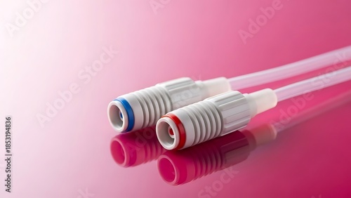 Close up of medical tubing connectors with blue and red detailing