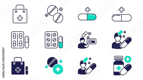 Set of linear vector icons representing essential elements of pharmaceutical services, health treatment, and medical care, including pills, capsules, bottles, and pharmacy shopping concepts