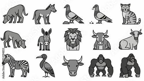 Collection of diverse animals depicted in a minimalist grayscale vector illustration style for educational or design purposes