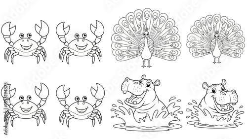 A delightful collection of outlined cartoon animals perfect for children's coloring activities, featuring playful crabs, majestic peacocks, and cheerful hippos in a fun, simple graphic style