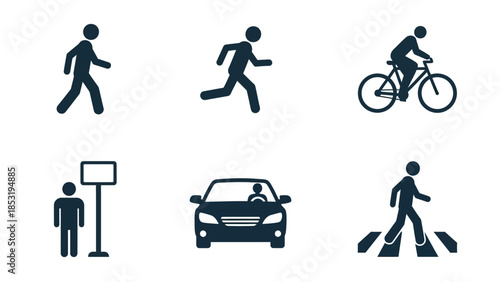 Collection of icons depicting various human activities and transportation methods for universal understanding