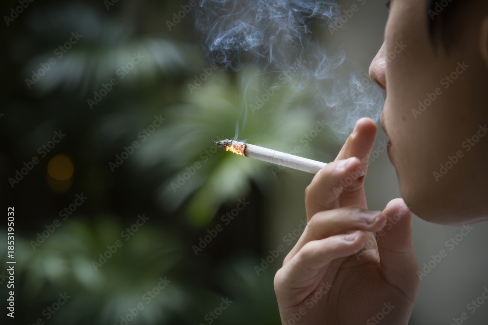 Fototapeta premium Asian young adult male smoking cigarette outdoors with green background