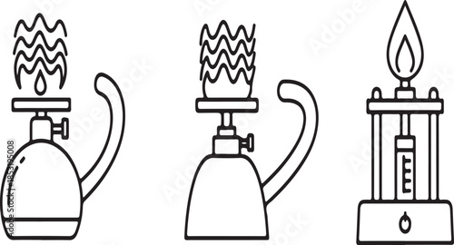 Three black and white line of vintage oil lamps with flames line retro