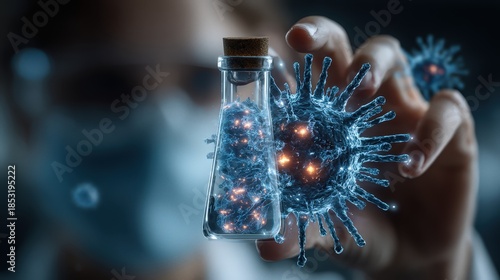 Female scientist examines glowing virus sample in flask, with medical research hologram displaying in modern laboratory setting