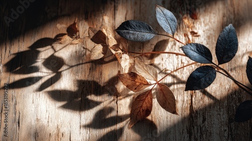 Dried autumn leaves and their shadows cast upon weathered grey wooden boards creating a textured and natural background pattern