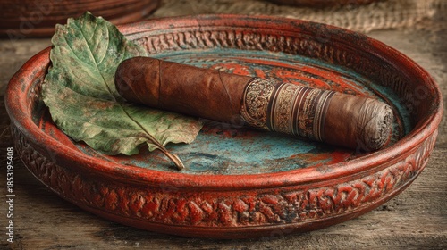 Rustic cigar resting on a weathered terracotta plate with tobacco leaves next to a small bowl in a dark, atmospheric setting