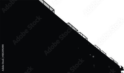 Black and white architectural silhouette of a modern apartment building with balconies in perspective view isolated on a white background