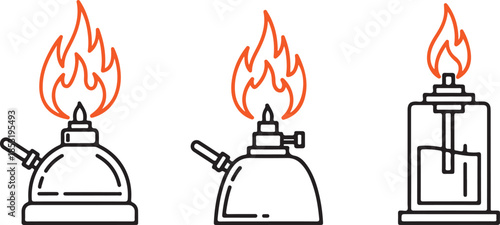 Three camping stoves with flames in a line gas stove outdoor