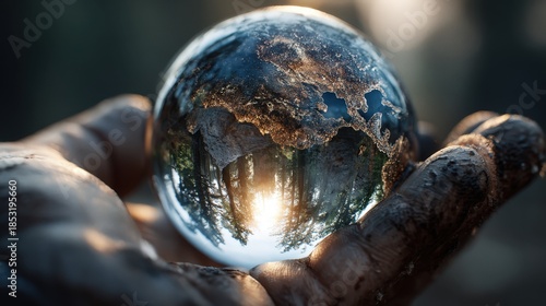 Holding world in hand showcasing forest and sustainability as nature is represented within crystal globe