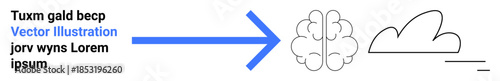 Neural networks, cloud computing, brainstorming, data sharing, artificial intelligence, innovation. Blue arrow directs to brain icon and cloud. Neural networks and cloud computing ion