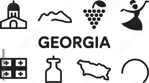 Georgia travel icons set with orthodox church mountain grapes dancer and flag of georgia nation