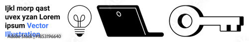 Technology, innovation, security, access, data, entrepreneurship. Light bulb, laptop and key icons in black and white. technology and innovation as of modern access and security