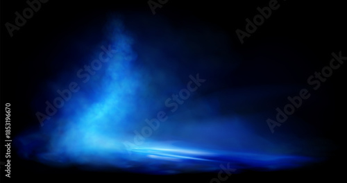 Blue neon smoke, light reflection on the surface. Night scene with smoke and fog. Vector illustration