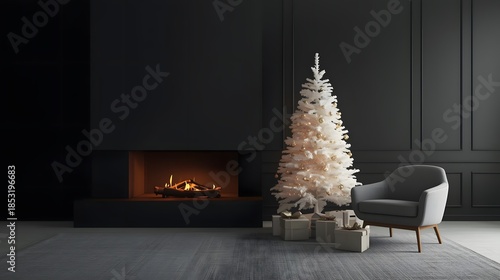 Elegant minimalist Christmas tree with festive gifts beside a modern fireplace creating a cozy and luxurious holiday scene perfect for seasonal greetings and interior design concepts