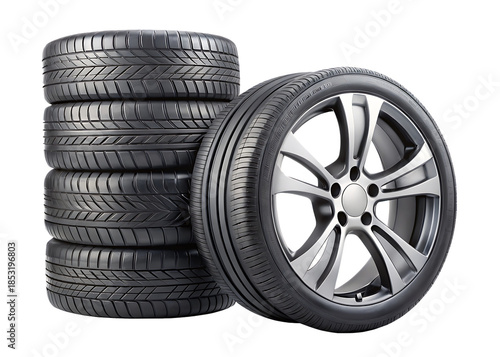Stack of car tires and alloy wheel isolated on a transparent background automotive